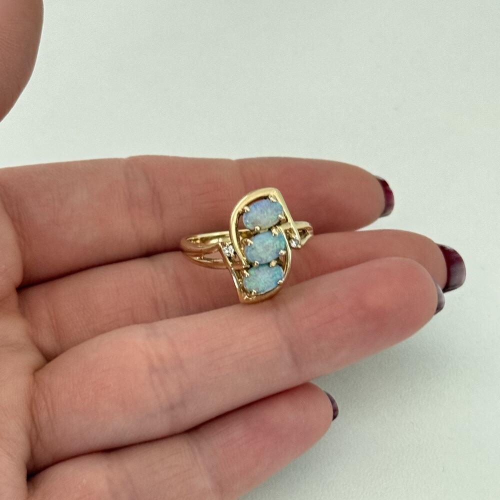 14K Yellow Gold Fire Opal 3 Stone Diamond Band Ring Size 6 - Picture 14 of 16